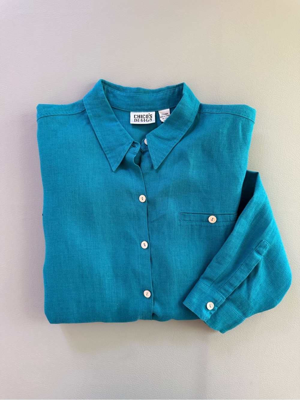 Vintage Chico's Women's Blue Teal Linen Button Down Shirt Brand size 2 Large